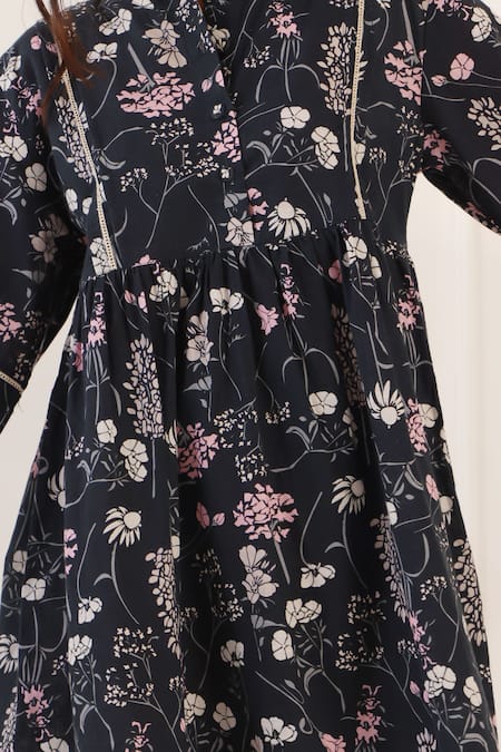 Buy_Banera_Black Cotton Round Neck Floral Print Lace Insert Dress _Online_at_Aza_Fashions