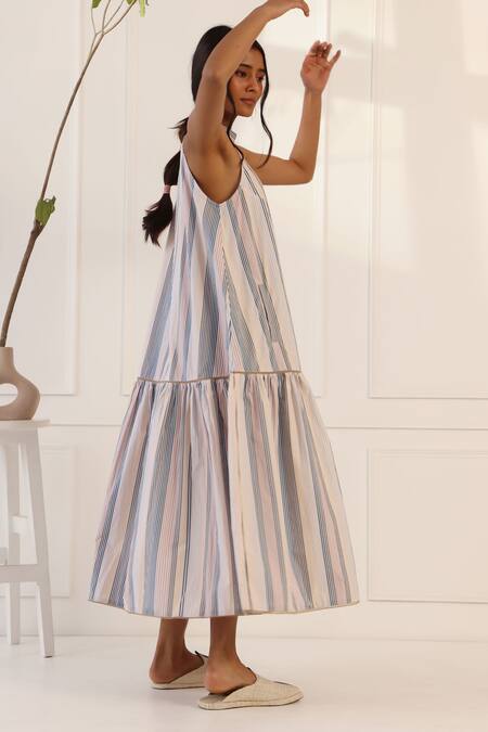 Banera_Multi Color Poplin Halter Neck Floral Print Dove Dress _Online_at_Aza_Fashions