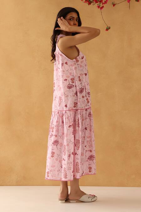 Banera_Pink Lace Halter Neck Floral Print Midi Dress _Online_at_Aza_Fashions