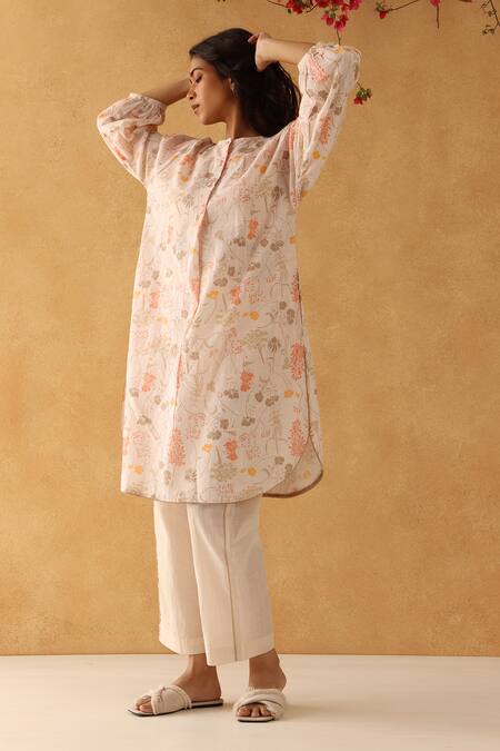 Shop_Banera_White Satin, Cotton Embroidery Collared Floral Printed Laurel Kurta Set _Online_at_Aza_Fashions