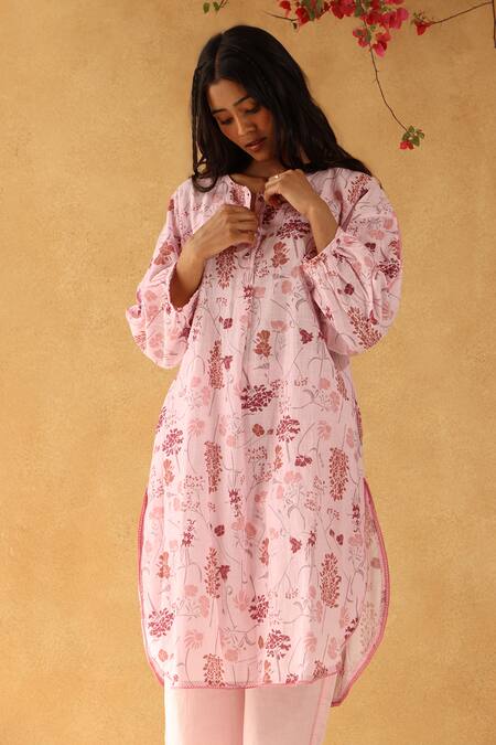 Banera_Blush Cotton Embroidery Round Neck Floral Printed Laurel Kurta Set _at_Aza_Fashions