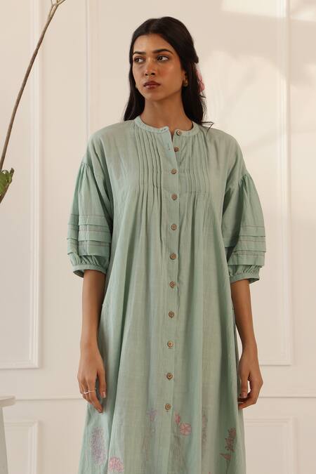 Banera_Green Cotton Embroidery Round Neck Sage Palm Midi Dress _Online_at_Aza_Fashions