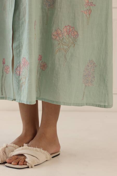 Buy_Banera_Green Cotton Embroidery Round Neck Sage Palm Midi Dress _Online_at_Aza_Fashions