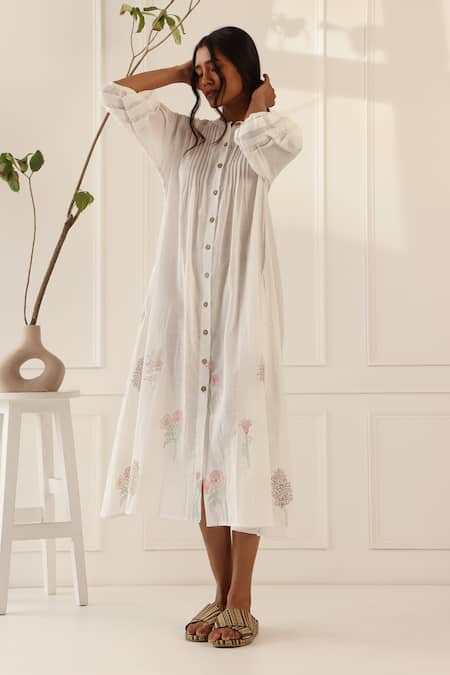 Banera_Ivory Embroidery Round Neck Palm Midi Dress _Online_at_Aza_Fashions