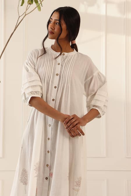 Buy_Banera_Ivory Embroidery Round Neck Palm Midi Dress _Online_at_Aza_Fashions