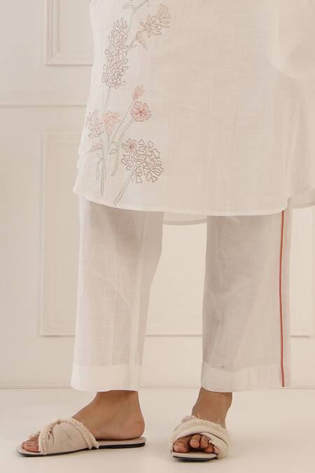 Banera_Ivory Cotton Embroidery Button-down Neck Tunic And Pant Set _Online_at_Aza_Fashions