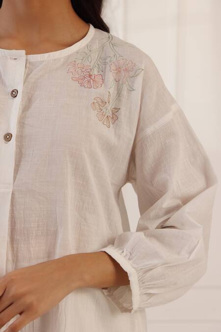 Shop_Banera_Ivory Cotton Embroidery Button-down Neck Tunic And Pant Set _Online_at_Aza_Fashions