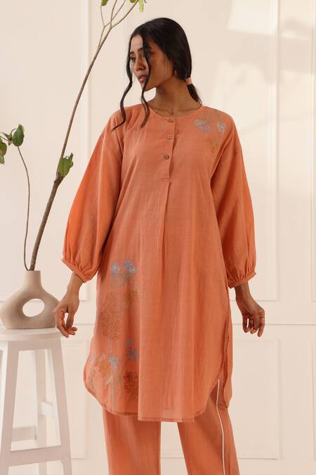 Banera_Orange Cotton Embroidery Round Neck Cinnamon Kurta And Pant Set _Online_at_Aza_Fashions