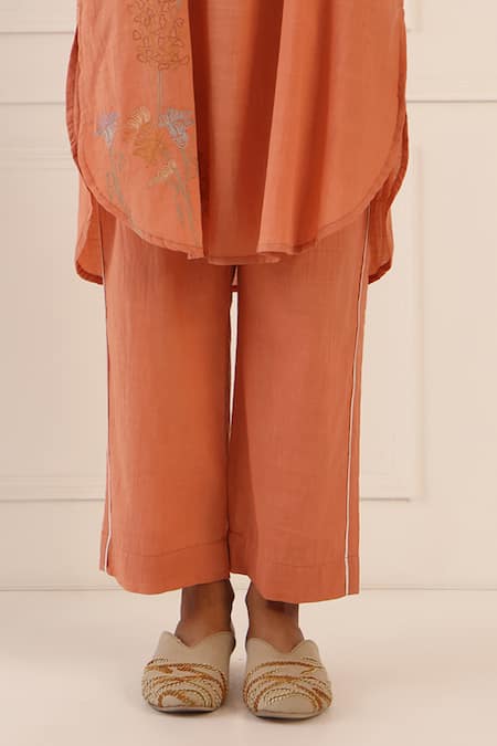 Buy_Banera_Orange Cotton Embroidery Round Neck Cinnamon Kurta And Pant Set _Online_at_Aza_Fashions