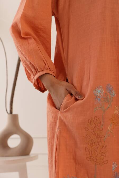 Shop_Banera_Orange Cotton Embroidery Round Neck Cinnamon Kurta And Pant Set _Online_at_Aza_Fashions