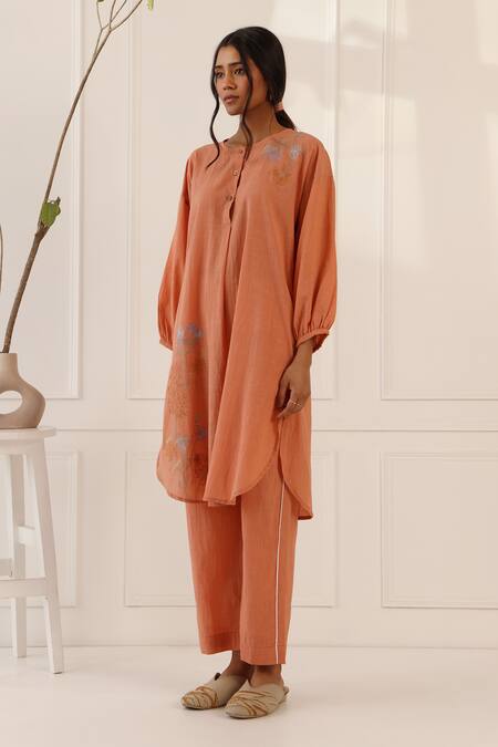 Banera_Orange Cotton Embroidery Round Neck Cinnamon Kurta And Pant Set _at_Aza_Fashions