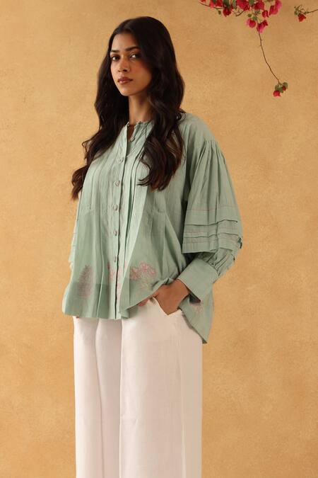 Banera_Green Cotton Embroidery Round Neck Flounce Sleeve Blossom Shirt _Online_at_Aza_Fashions