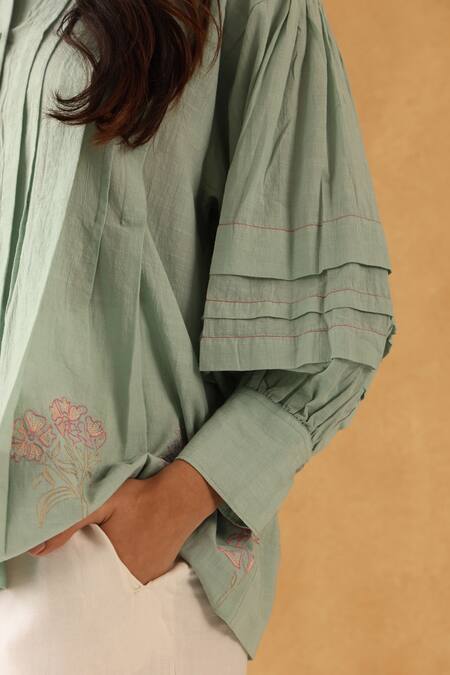 Buy_Banera_Green Cotton Embroidery Round Neck Flounce Sleeve Blossom Shirt _Online_at_Aza_Fashions