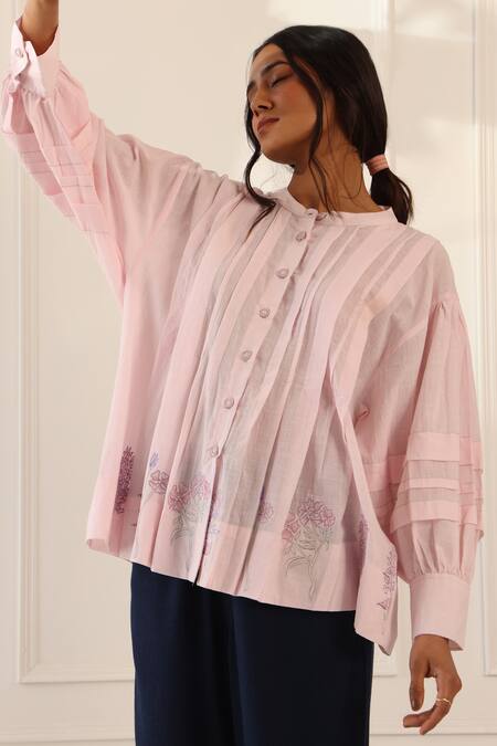Banera_Blush Cotton Embroidery Round Neck Blossom Shirt _Online_at_Aza_Fashions