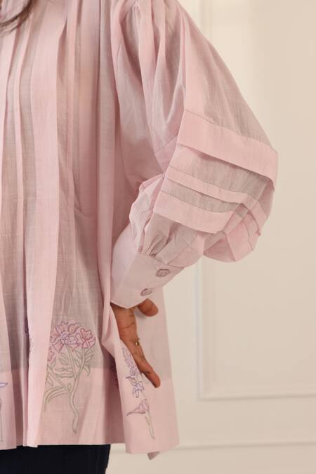 Buy_Banera_Blush Cotton Embroidery Round Neck Blossom Shirt _Online_at_Aza_Fashions