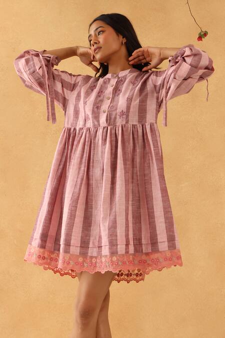 Banera_Cream Handloom Cotton Embroidery Round Neck Flora Dress With Organza Lace _Online_at_Aza_Fashions