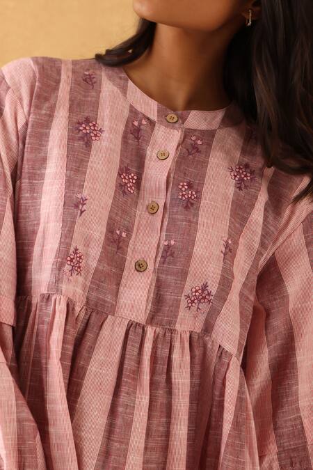 Shop_Banera_Cream Handloom Cotton Embroidery Round Neck Flora Dress With Organza Lace _Online_at_Aza_Fashions