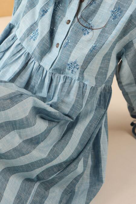 Banera_Blue Handloom Cotton Embroidery Round Neck Indigo Striped Flora Dress _Online_at_Aza_Fashions