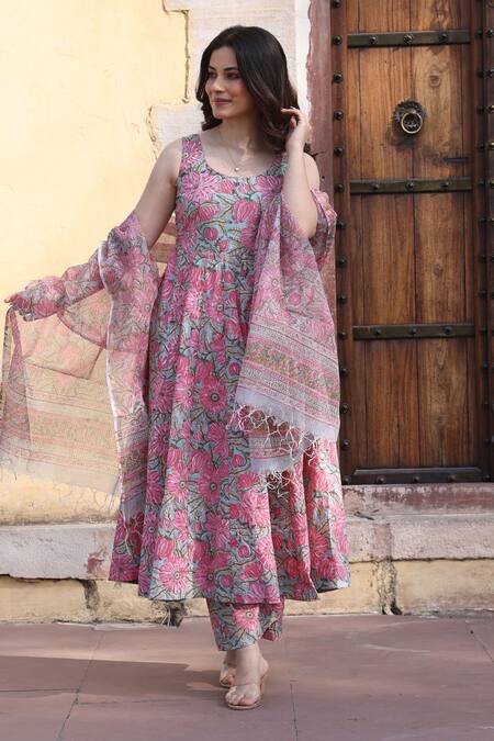 ASRUMO_Pink Cotton Embroidery Round Neck Mint Jaali Patels Anarkali Set_Online_at_Aza_Fashions
