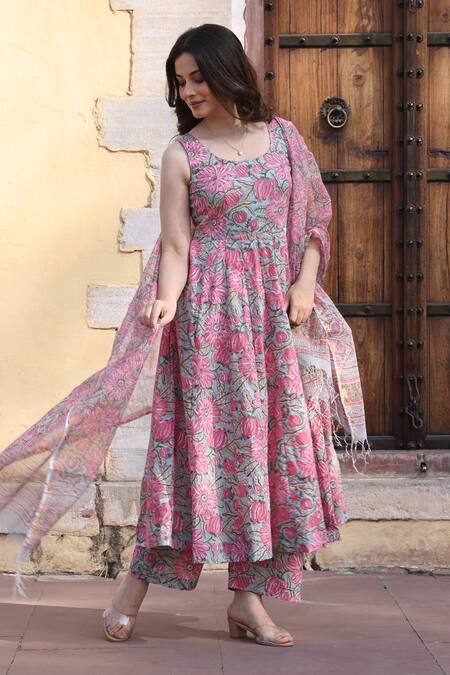 ASRUMO_Pink Cotton Embroidery Round Neck Mint Jaali Patels Anarkali Set_at_Aza_Fashions