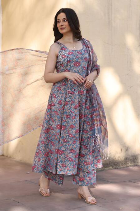 ASRUMO_Blue Cotton, Denim Embroidery Round Neck Jaali Patels Anarkali Suit Set_Online_at_Aza_Fashions