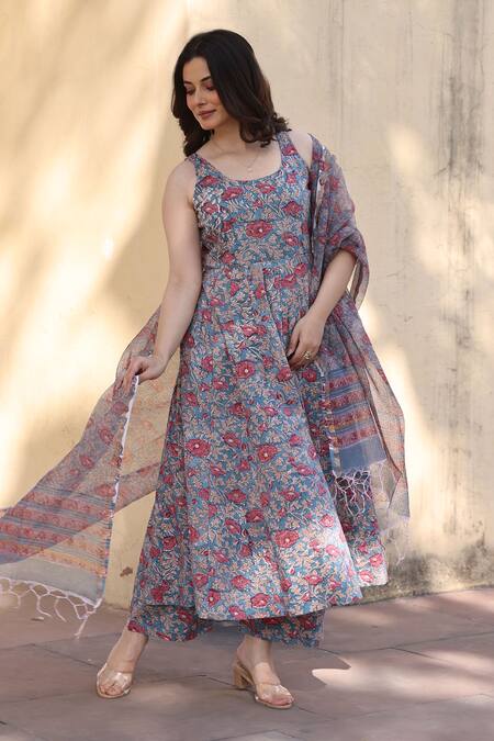 Buy_ASRUMO_Blue Cotton, Denim Embroidery Round Neck Jaali Patels Anarkali Suit Set_Online_at_Aza_Fashions