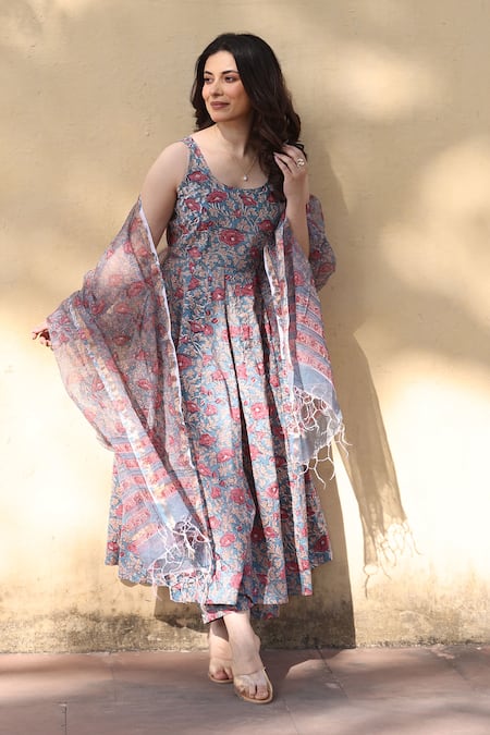 Shop_ASRUMO_Blue Cotton, Denim Embroidery Round Neck Jaali Patels Anarkali Suit Set_Online_at_Aza_Fashions