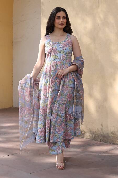 Shop_ASRUMO_Blue Cotton, Denim Embroidery Round Neck Sky Pink Jaali Patels Anarkali Suit Set_Online_at_Aza_Fashions