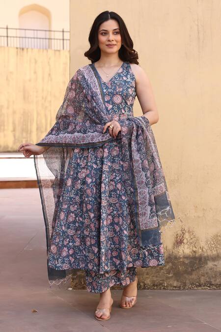 Buy_ASRUMO_Blue Cotton Embroidery Round Neck Pink Jaali Patels Anarkali Suit Set_Online_at_Aza_Fashions