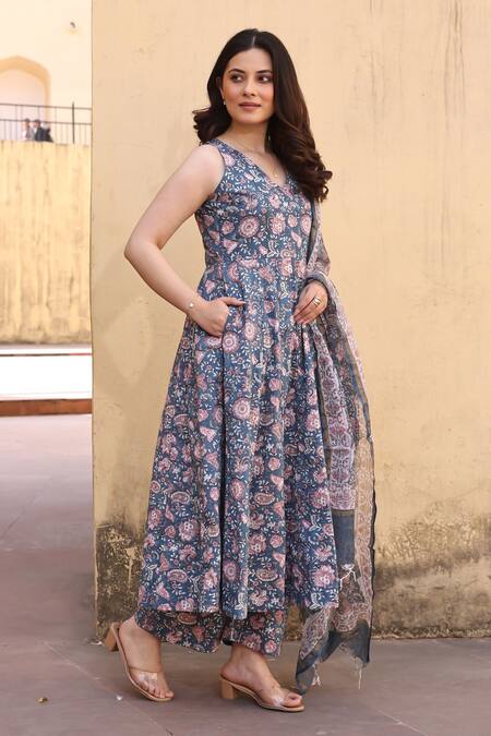 Shop_ASRUMO_Blue Cotton Embroidery Round Neck Pink Jaali Patels Anarkali Suit Set_Online_at_Aza_Fashions