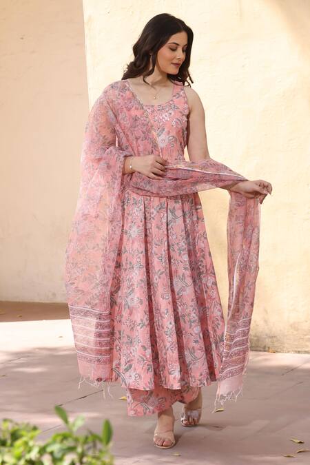 ASRUMO_Peach Cotton Round Neck Jaali Printed Anarkali Suit Set_Online_at_Aza_Fashions