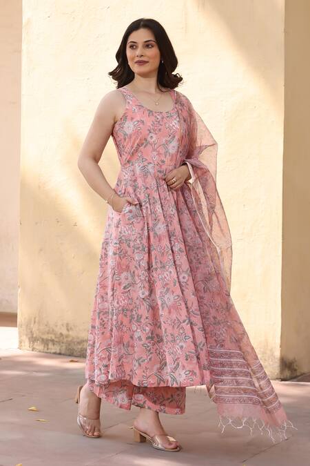 Buy_ASRUMO_Peach Cotton Round Neck Jaali Printed Anarkali Suit Set_Online_at_Aza_Fashions