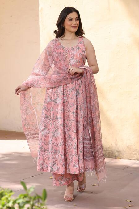 Shop_ASRUMO_Peach Cotton Round Neck Jaali Printed Anarkali Suit Set_Online_at_Aza_Fashions