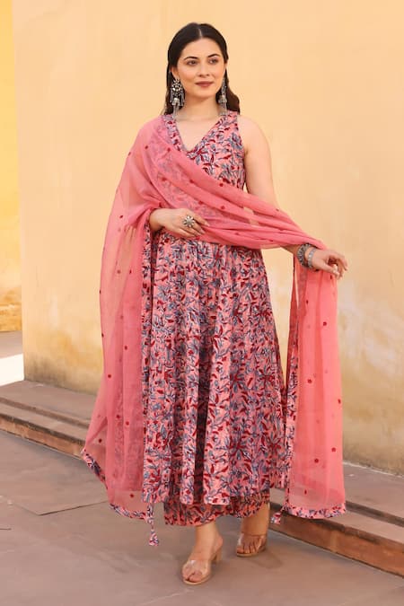Asrumo_Pink Cotton, Denim Embroidery V-neck Jaali Patels Anarkali Suit Set _at_Aza_Fashions