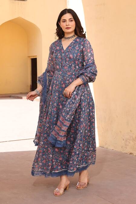 ASRUMO_Blue Embroidery V-neck Printed Anarkali Set With Dupatta_Online_at_Aza_Fashions