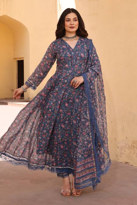 ASRUMO_Blue Embroidery V-neck Printed Anarkali Set With Dupatta_at_Aza_Fashions