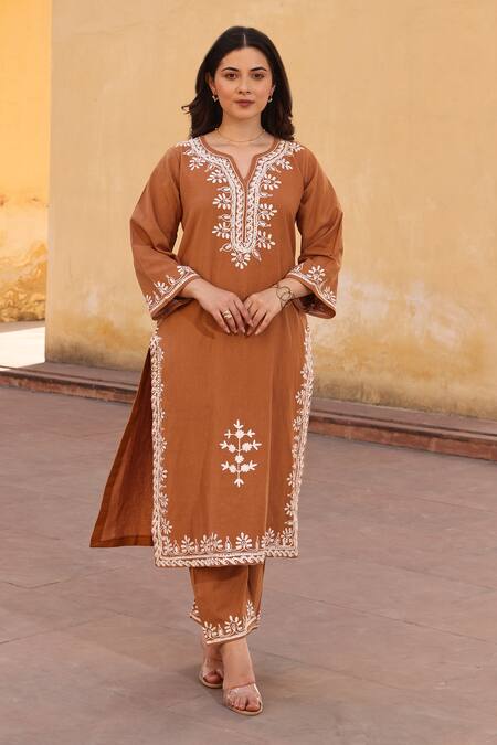 Buy ASRUMO Brown Cotton Embroidery Split V-neck Aari Kurta Set Online at Aza Fashions Buy_ASRUMO_Brown Cotton Embroidery Split V-neck Aari Kurta Set _Online_at_Aza_Fashions