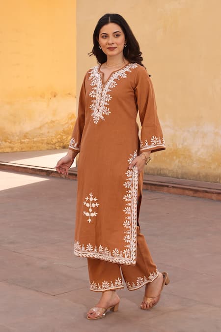 ASRUMO Brown Cotton Embroidery Split V-neck Aari Kurta Set at Aza Fashions ASRUMO_Brown Cotton Embroidery Split V-neck Aari Kurta Set _at_Aza_Fashions