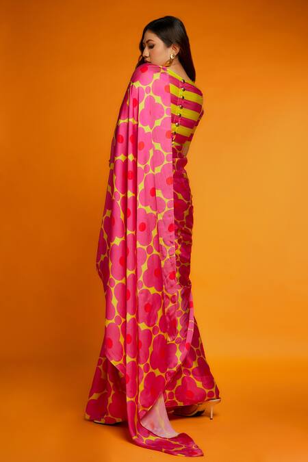 Ranbir Mukherjee Calcutta_Pink Satin, Silk Printed Saree Set _Online_at_Aza_Fashions