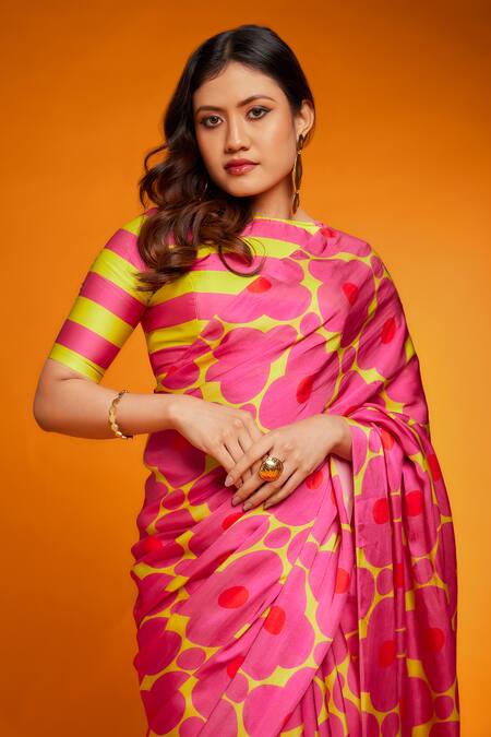 Buy_Ranbir Mukherjee Calcutta_Pink Satin, Silk Printed Saree Set _Online_at_Aza_Fashions