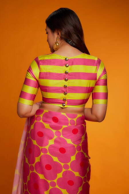 Shop_Ranbir Mukherjee Calcutta_Pink Satin, Silk Printed Saree Set _Online_at_Aza_Fashions