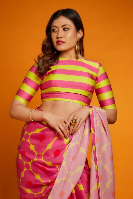 Ranbir Mukherjee Calcutta_Pink Satin, Silk Printed Saree Set _at_Aza_Fashions