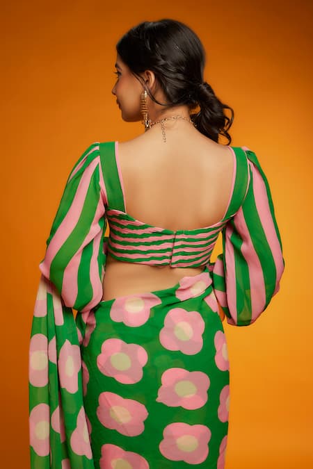 Ranbir Mukherjee Calcutta_Green Georgette Floral Print Saree Set _Online_at_Aza_Fashions