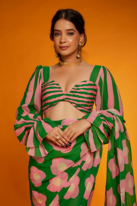 Buy_Ranbir Mukherjee Calcutta_Green Georgette Floral Print Saree Set _Online_at_Aza_Fashions