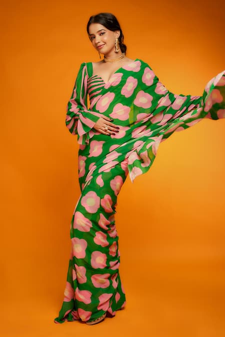 Shop_Ranbir Mukherjee Calcutta_Green Georgette Floral Print Saree Set _Online_at_Aza_Fashions