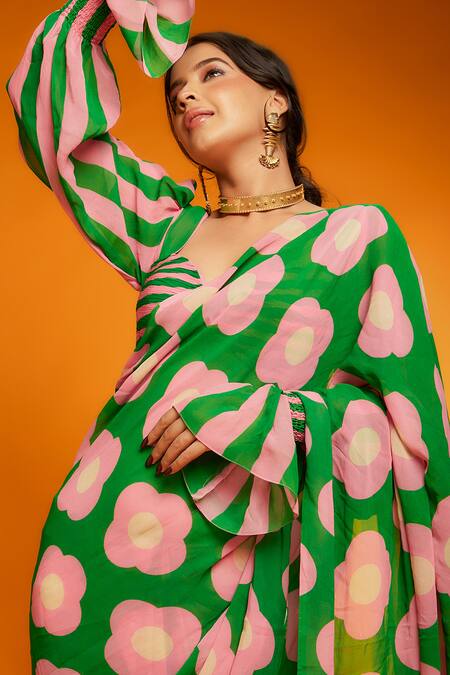 Ranbir Mukherjee Calcutta_Green Georgette Floral Print Saree Set _at_Aza_Fashions