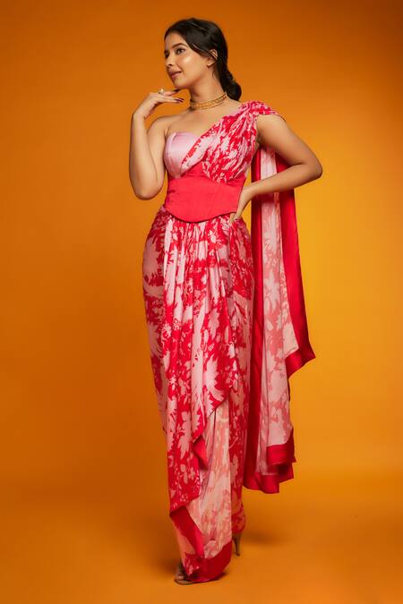 Shop_Ranbir Mukherjee Calcutta_Red Bandeau Neck Suzani Printed Pre-draped Saree Set _Online_at_Aza_Fashions