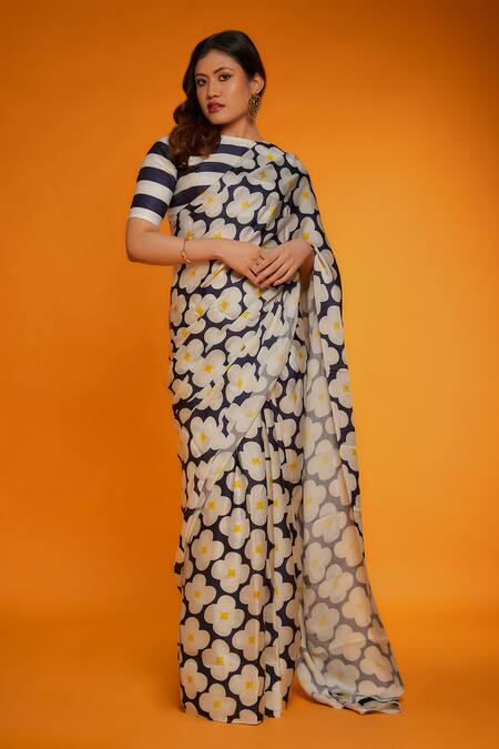 Ranbir Mukherjee Calcutta_Blue Satin, Silk Primrose Print Saree _Online_at_Aza_Fashions