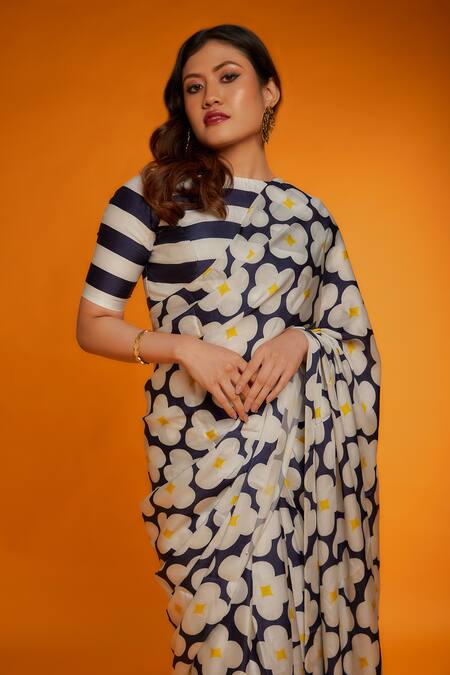 Buy_Ranbir Mukherjee Calcutta_Blue Satin, Silk Primrose Print Saree _Online_at_Aza_Fashions