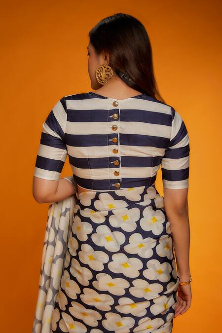 Shop_Ranbir Mukherjee Calcutta_Blue Satin, Silk Primrose Print Saree _Online_at_Aza_Fashions